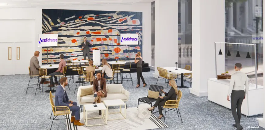 Prévisualisation 3D d'un cocktail déjeunatoire dans le Foyer Manessier de Radio France