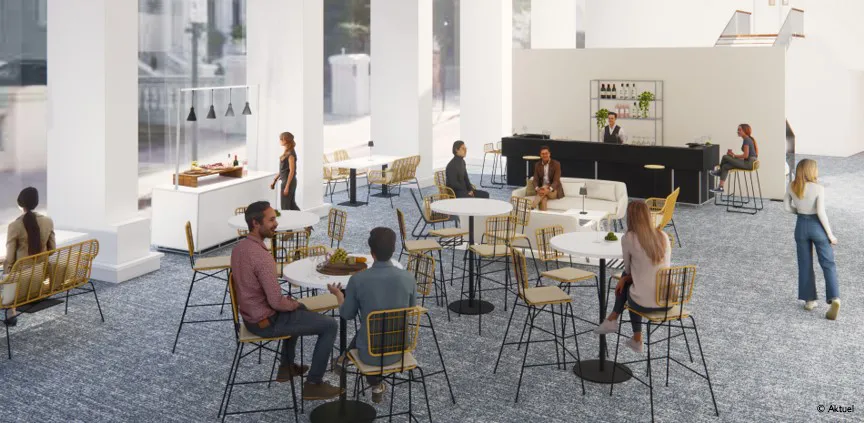 Prévisualisation 3D d'un cocktail déjeunatoire dans le Foyer Manessier de Radio France