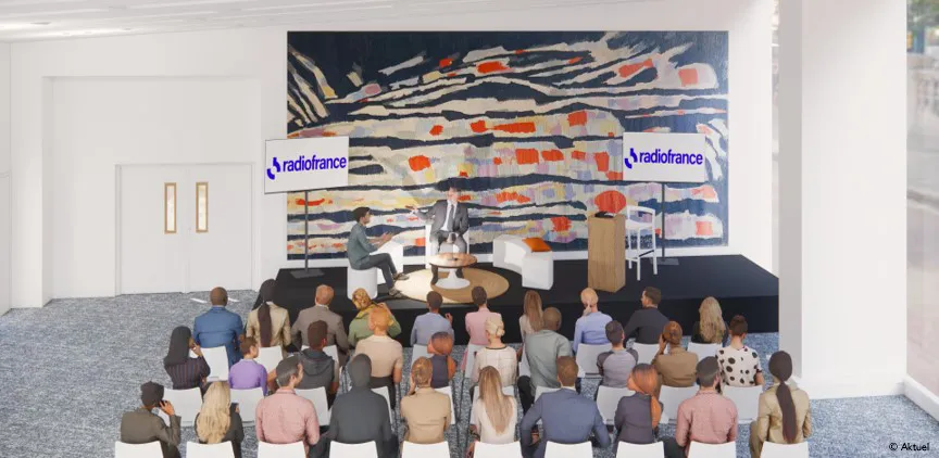 Prévisualisation 3D d'un cocktail/conférence dans le Foyer Manessier de Radio France