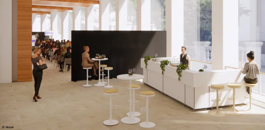 Prévisualisation 3D d'un café d'accueil dans la Galerie Seine de Radio France