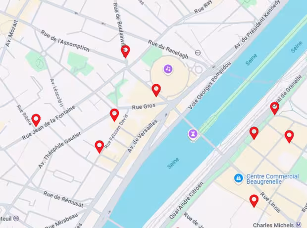 Carte de Paris mentionnant quelques hôtels dans les environs de la Maison de la Radio et de la Musique