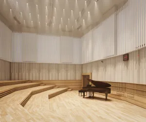 studio 107 avec un piano à queue et éclairage