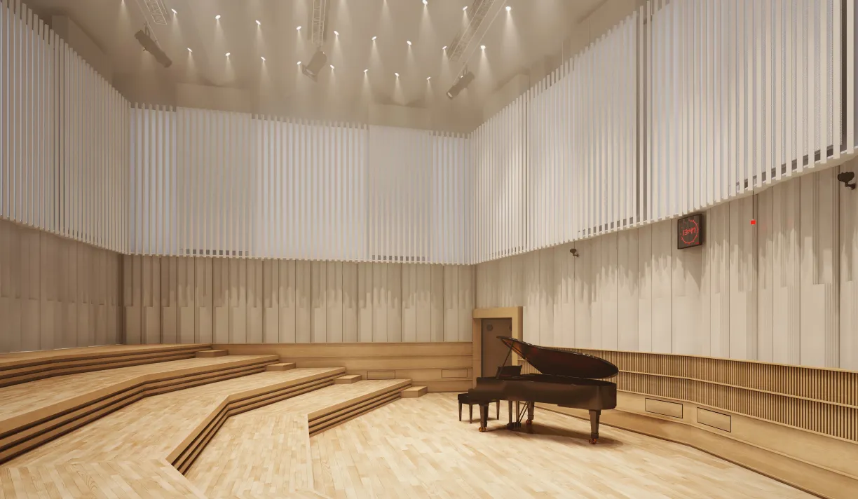 studio 107 avec un piano à queue et éclairage