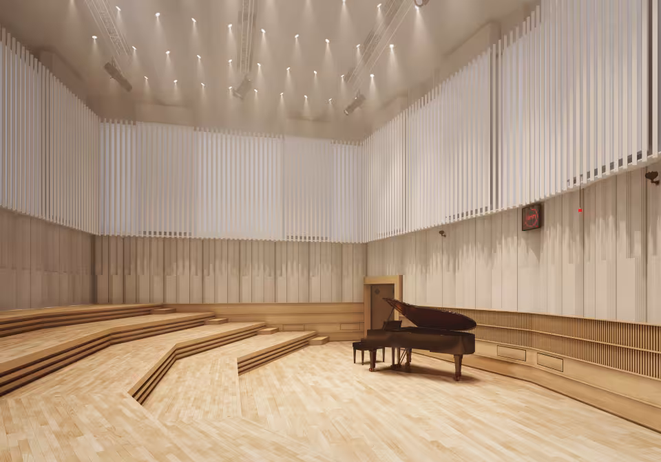 studio 107 with grand piano and lighting