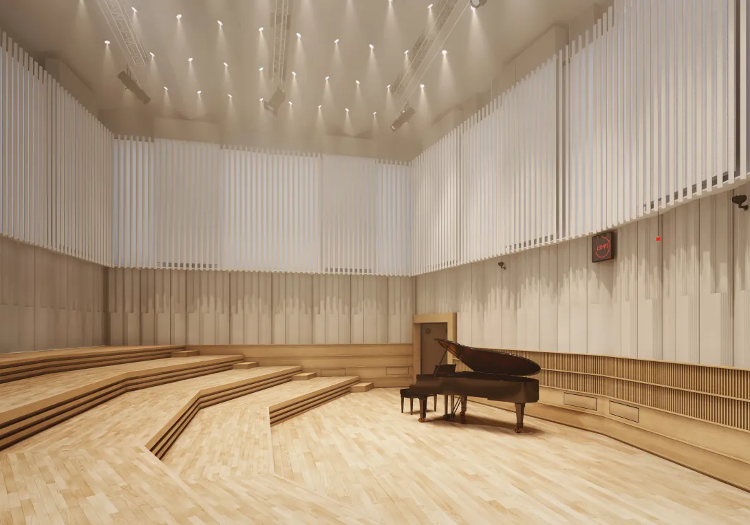 studio 107 with grand piano and lighting